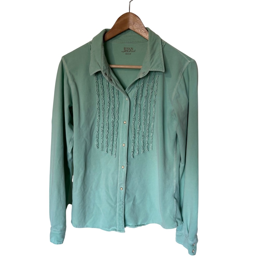 Ryan Michael Shirt Women Medium Mint Green Good Western Ruffle Pearl Snap Front